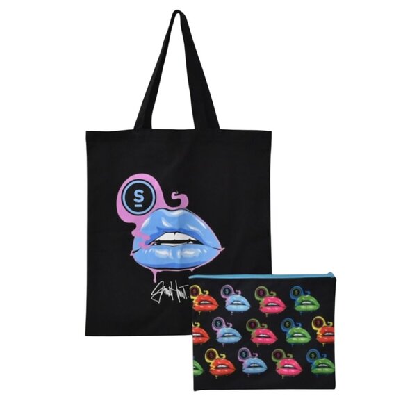 Select Vapor Tote Bag and Zipper Pouch Colorful Lips Graphic on Black - Picture 1 of 5